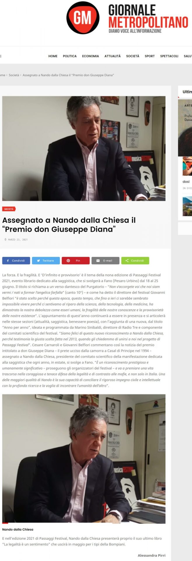 Giornale Metropolitano – Assegnato a Nando dalla Chiesa il “Premio don Giuseppe Diana”