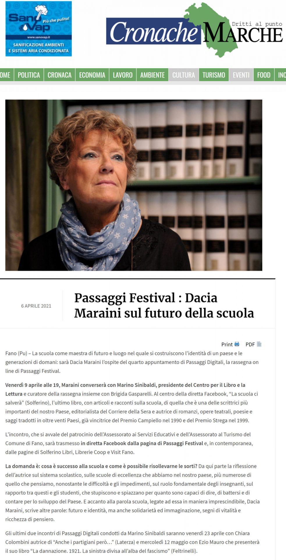 Cronache Marche – Passaggi Festival: Dacia Maraini sul futuro della scuola