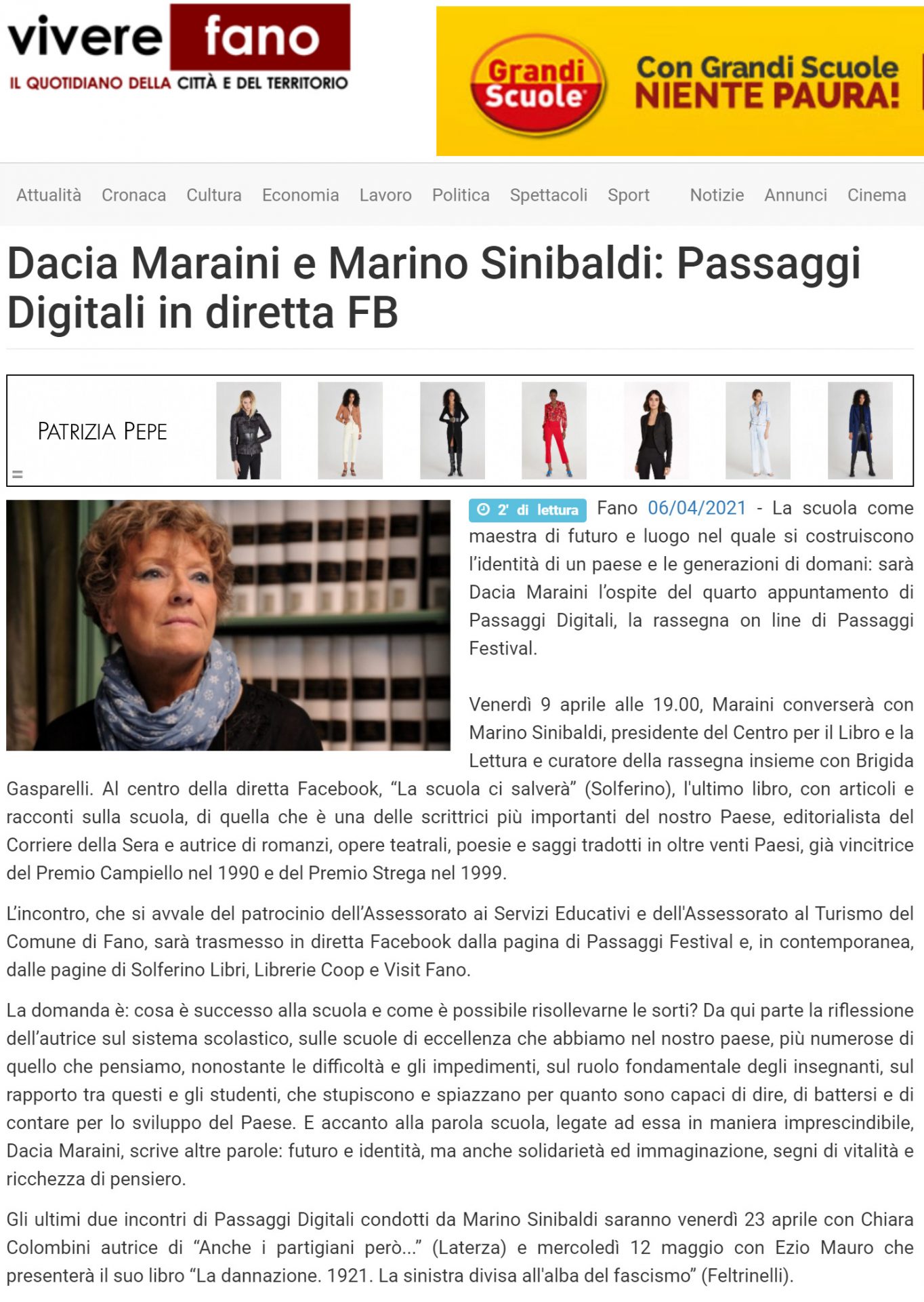 Vivere Fano – Dacia Maraini e Marino Sinibaldi: Passaggi Digitali in diretta FB