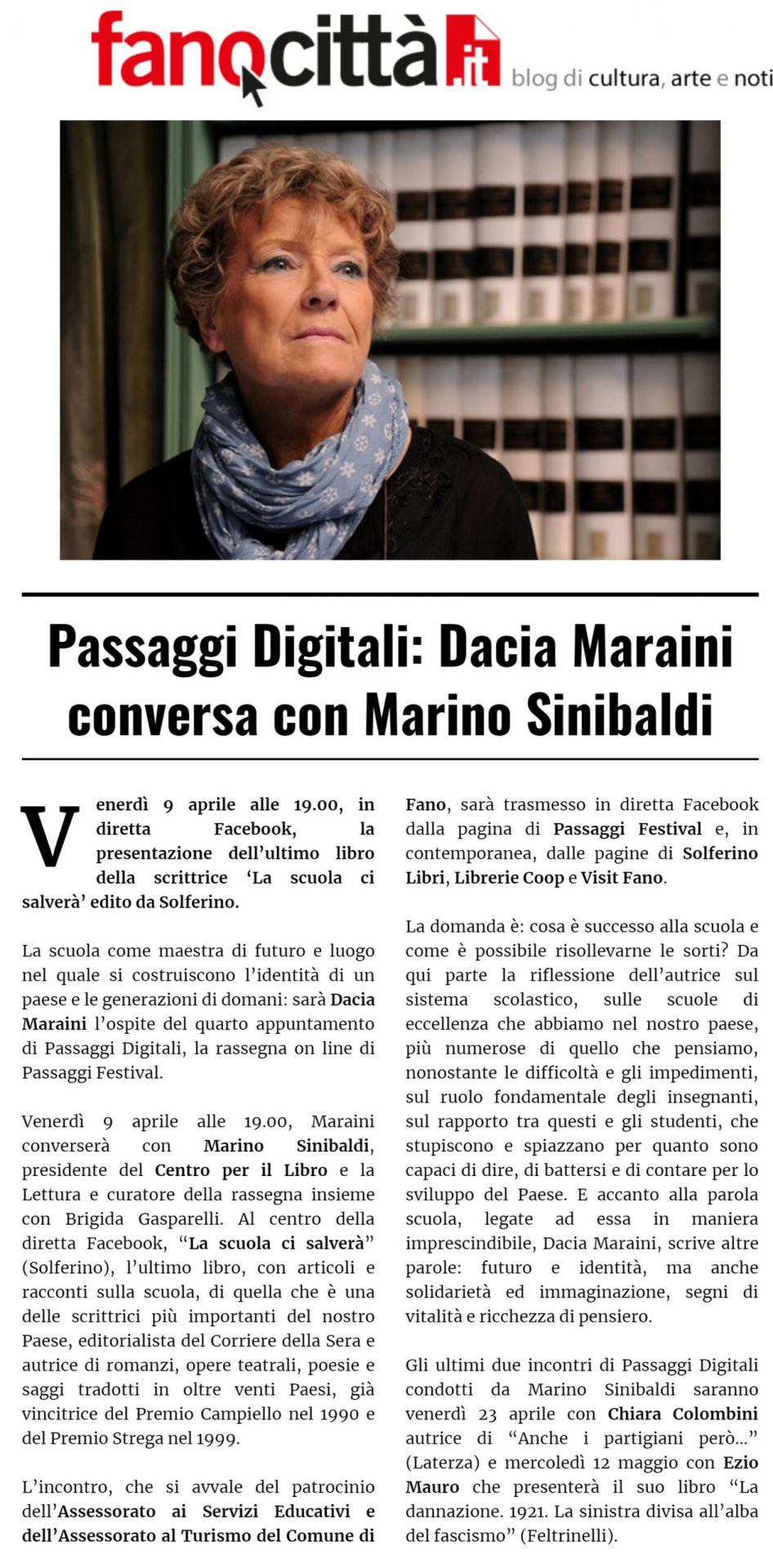 Fanocittà.it – Passaggi Digitali: Dacia Maraini conversa con Marino Sinibaldi