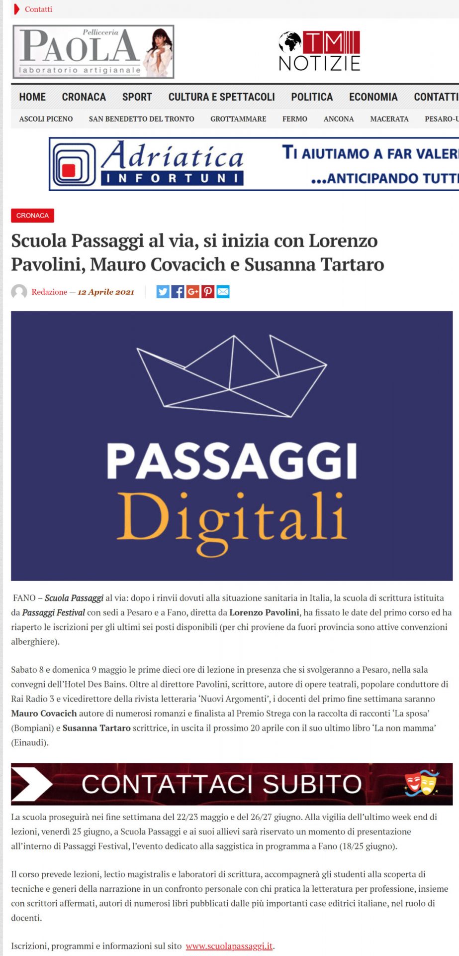 TM Notizie – Scuola Passaggi al via, si inizia con Lorenzo Pavolini, Mauro Covacich e Susanna Tartaro