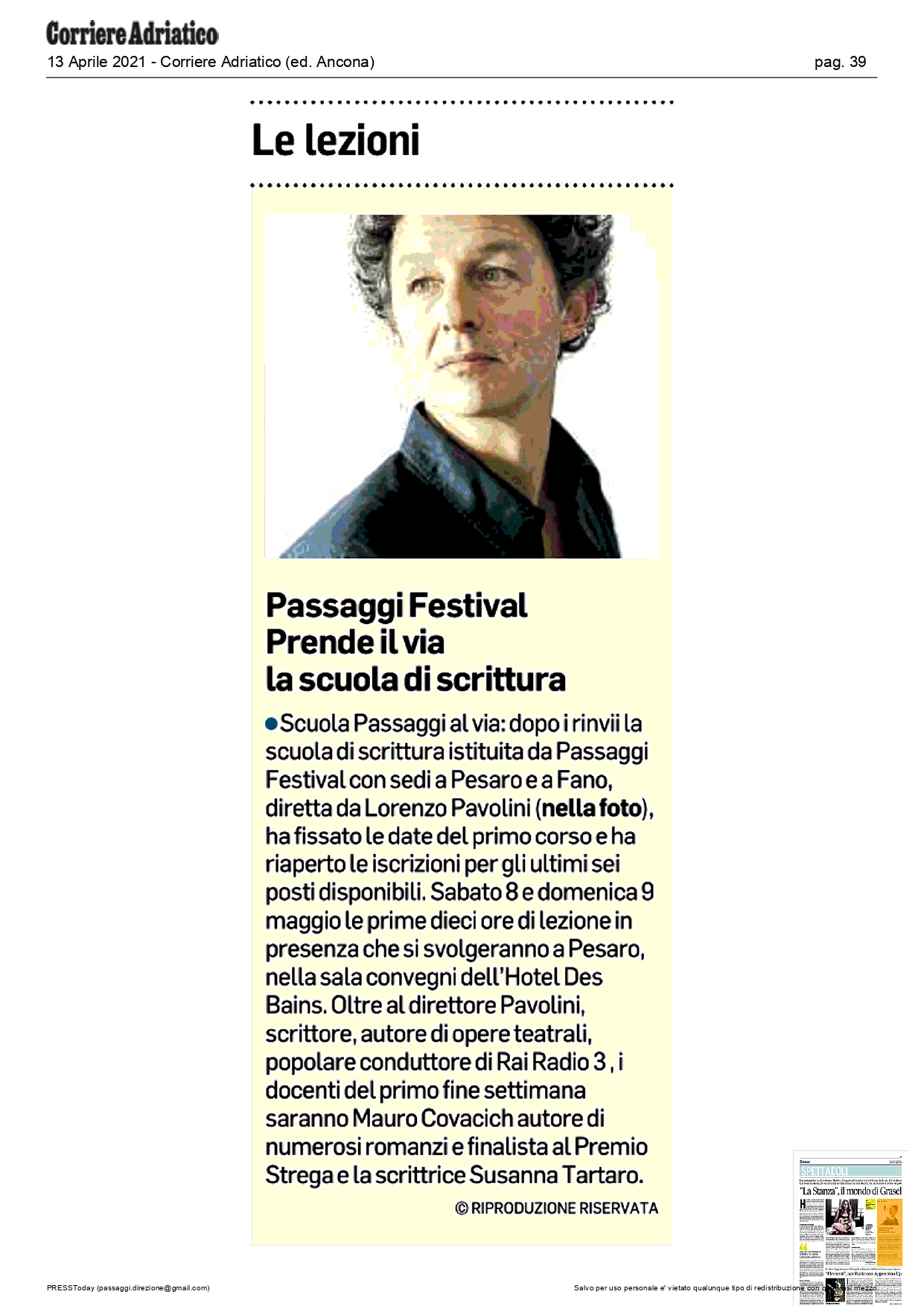 Corriere Adriatico – Passaggi Festival, prende il via la scuola di scrittura