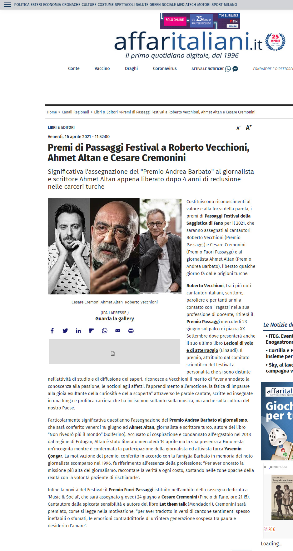 Affari Italiani – Premi di Passaggi Festival a Roberto Vecchioni, Ahmet Altan e Cesare Cremonini