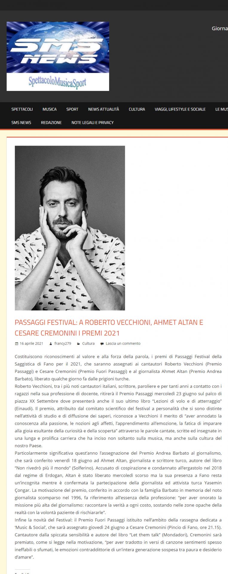 Spettacolo Musica Sport – Passaggi Festival: a Roberto Vecchioni, Ahmet Altan e Cesare Cremonini i premi 2021