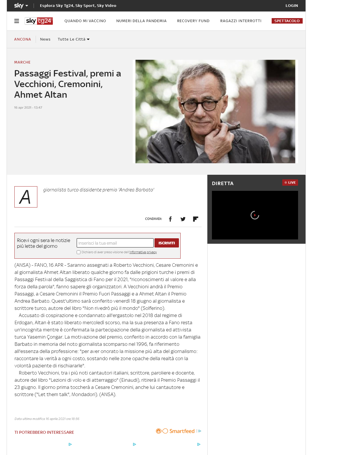 Sky Tg24 – Passaggi Festival, premi a Vecchioni, Cremonini, Ahmet Altan