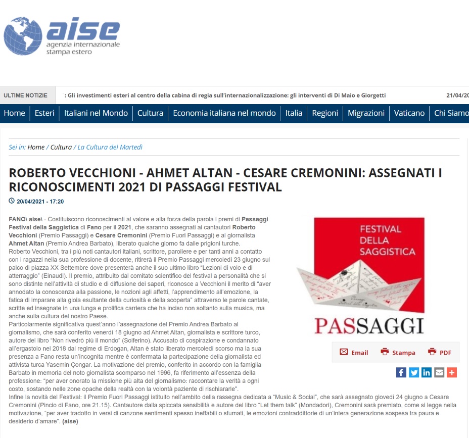 AISE – Roberto Vecchioni – Ahmet Altan – Cesare Cremonini: Assegnati i riconoscimenti 2021 di Passaggi Festival