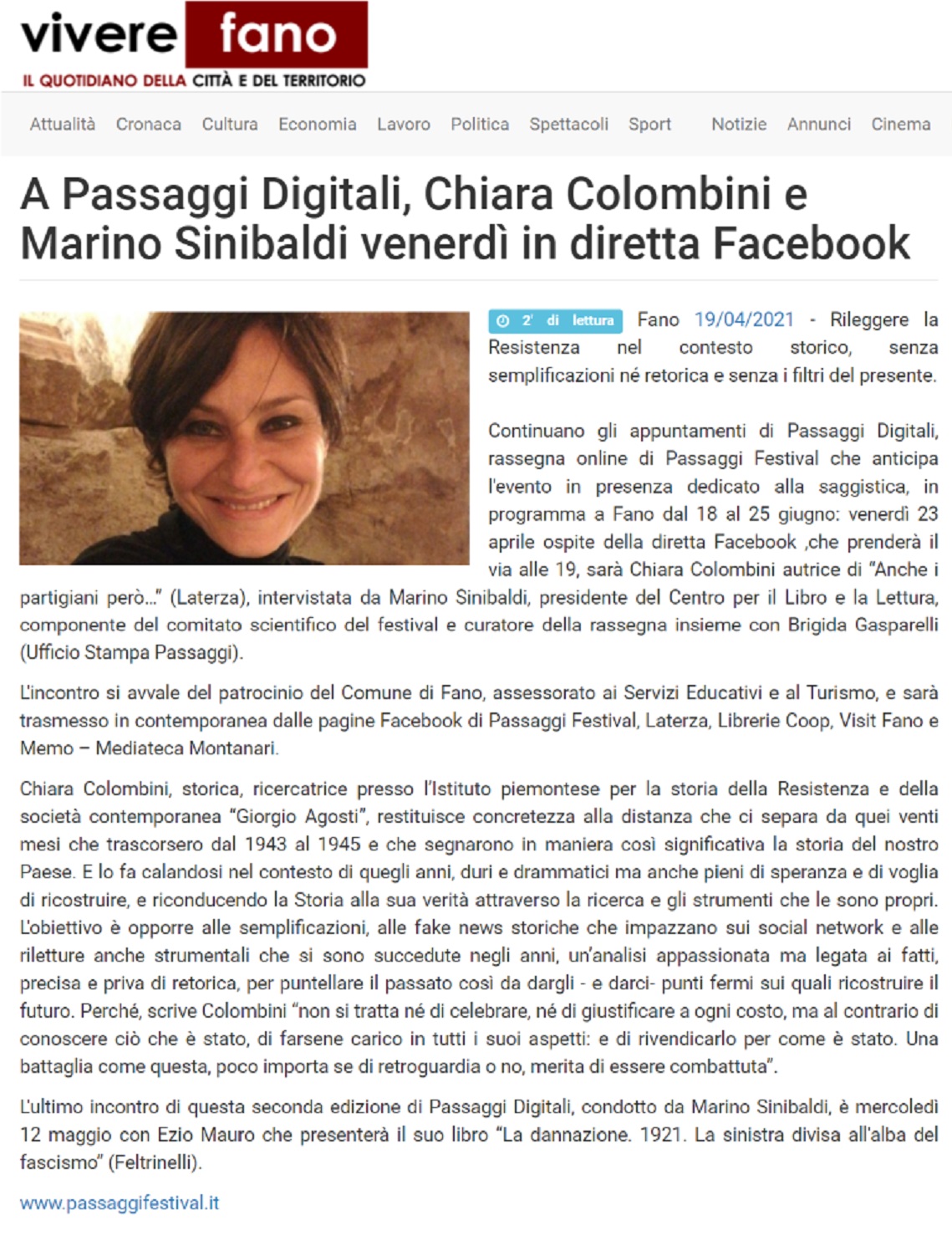 Vivere Fano – A Passaggi digitali, Chiara Colombini e Marino Sinibaldi venerdì in diretta Facebook