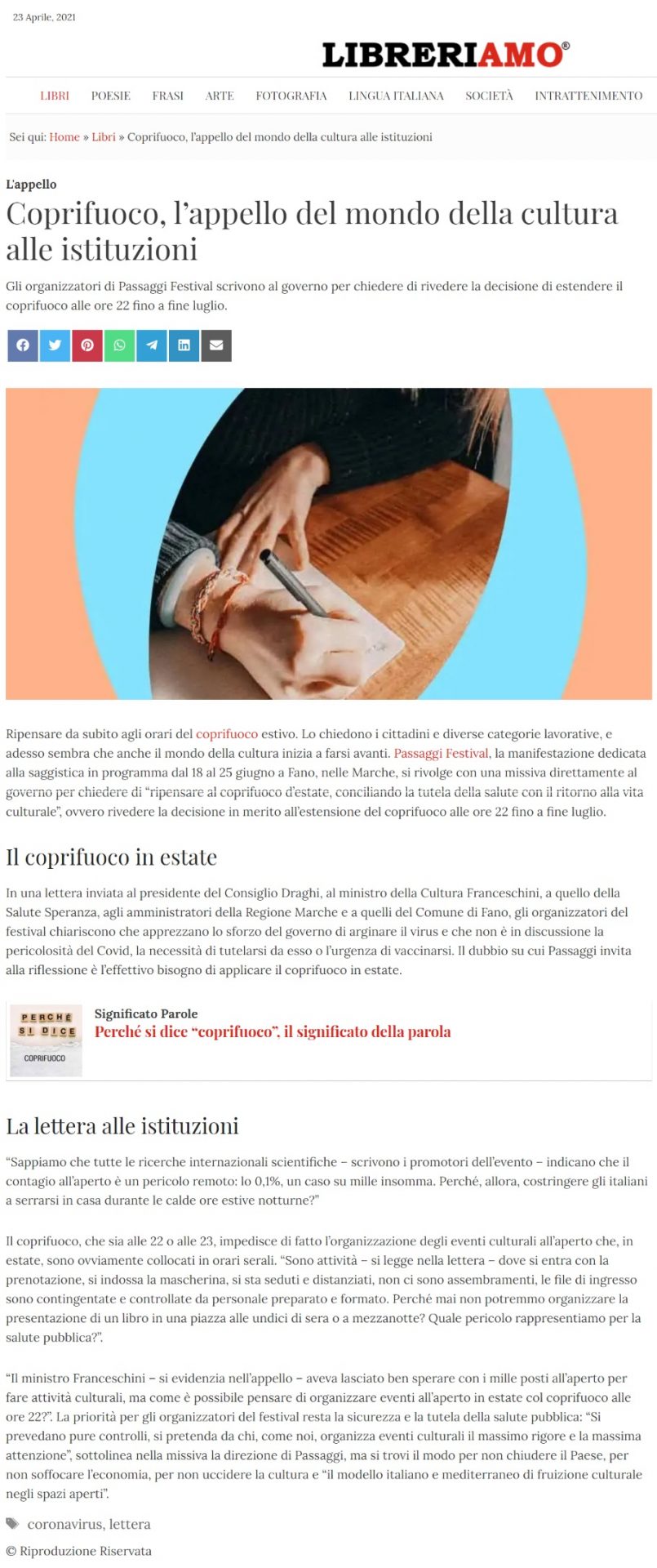 Libreriamo – Coprifuoco, l’appello del mondo della cultura alle istituzioni