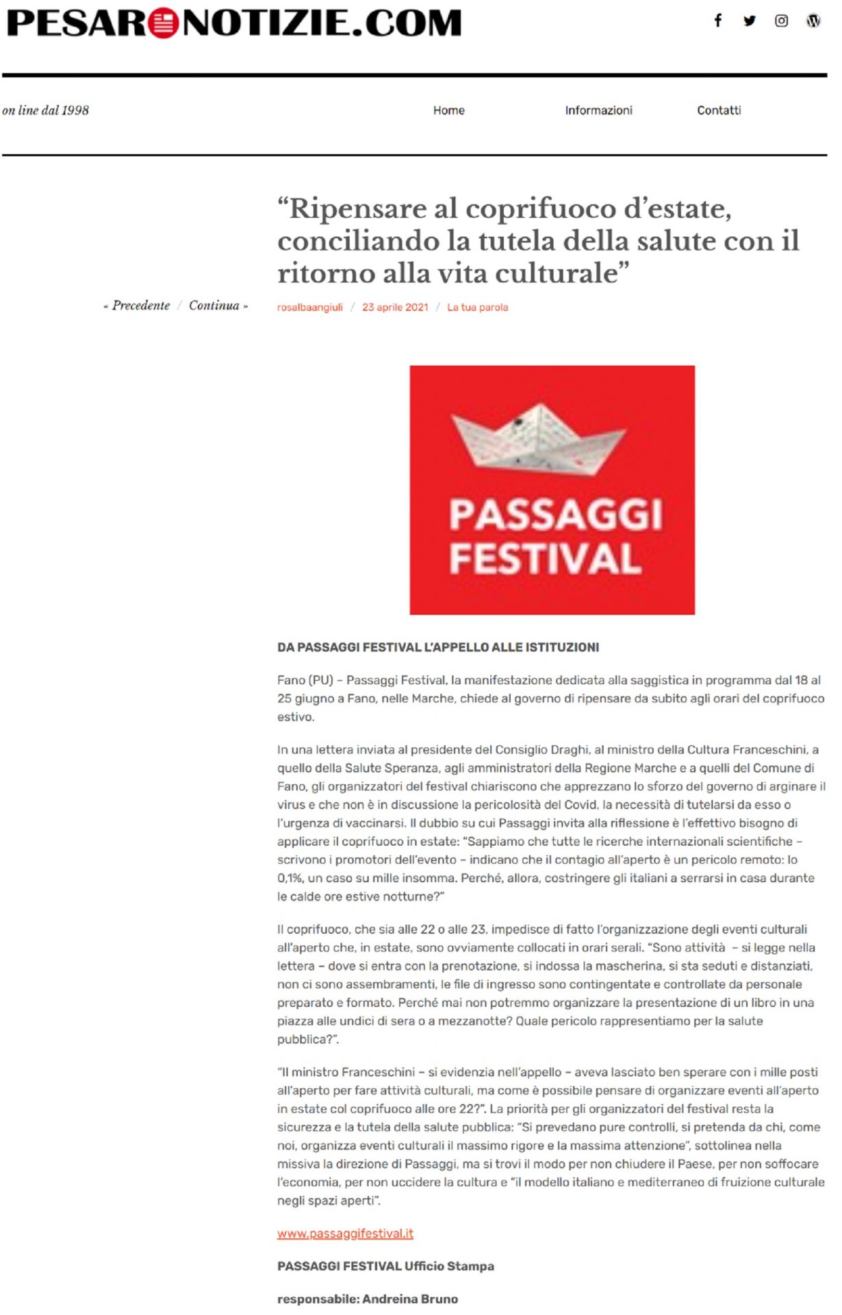 Pesaro notizie.com – “Ripensare al coprifuoco d’estate, conciliando la tutela della salute con il ritorno alla vita culturale”