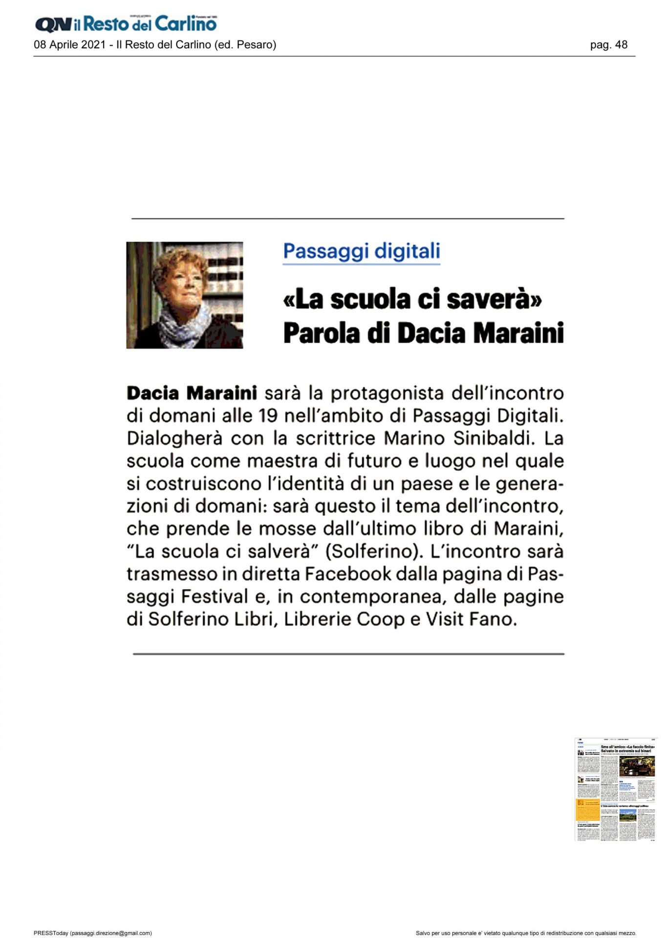 Il Resto del Carlino – “La scuola ci salverà”. Parola di Dacia Maraini