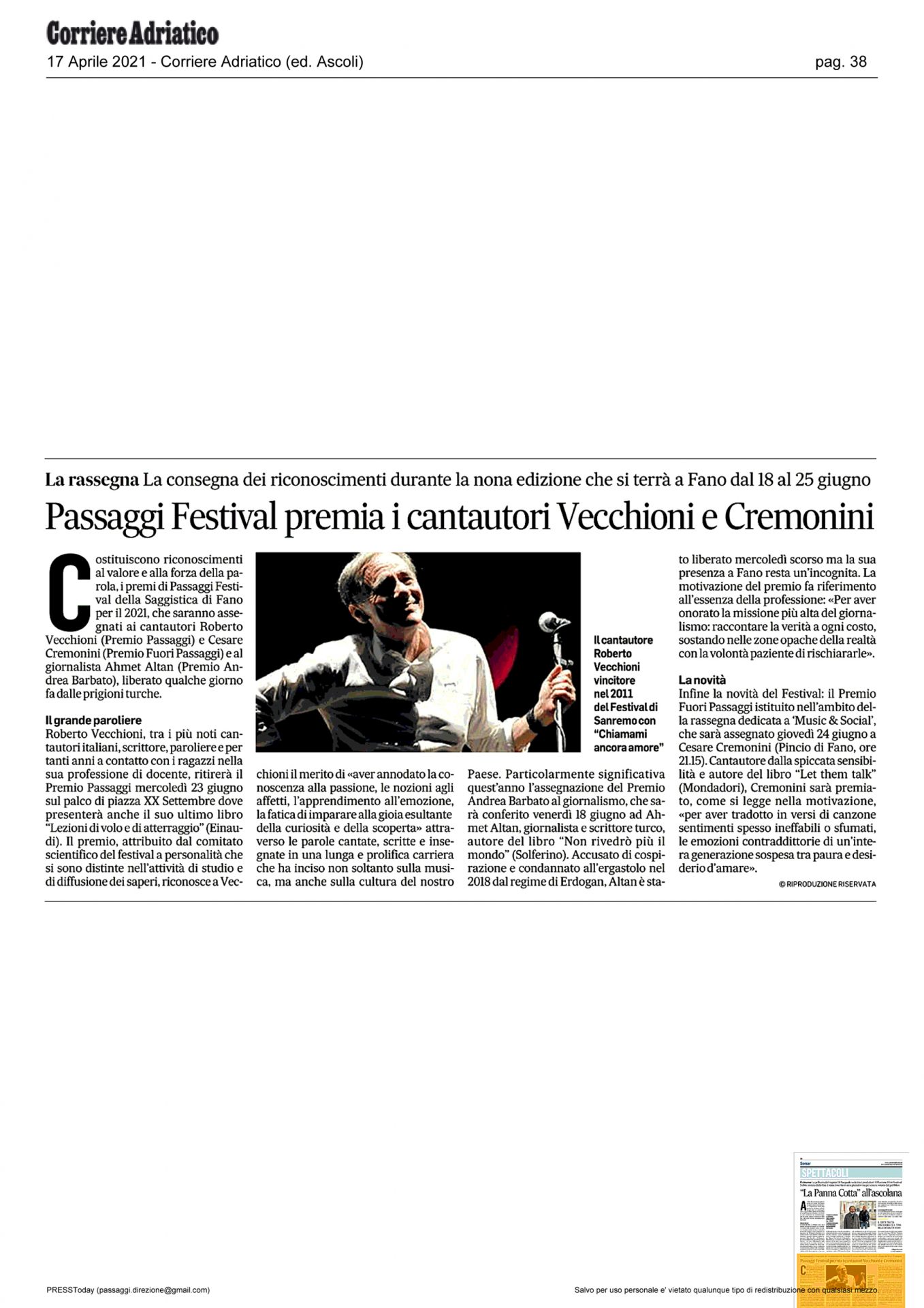 Corriere Adriatico – Passaggi Festival premia i cantautori Vecchioni e Cremonini