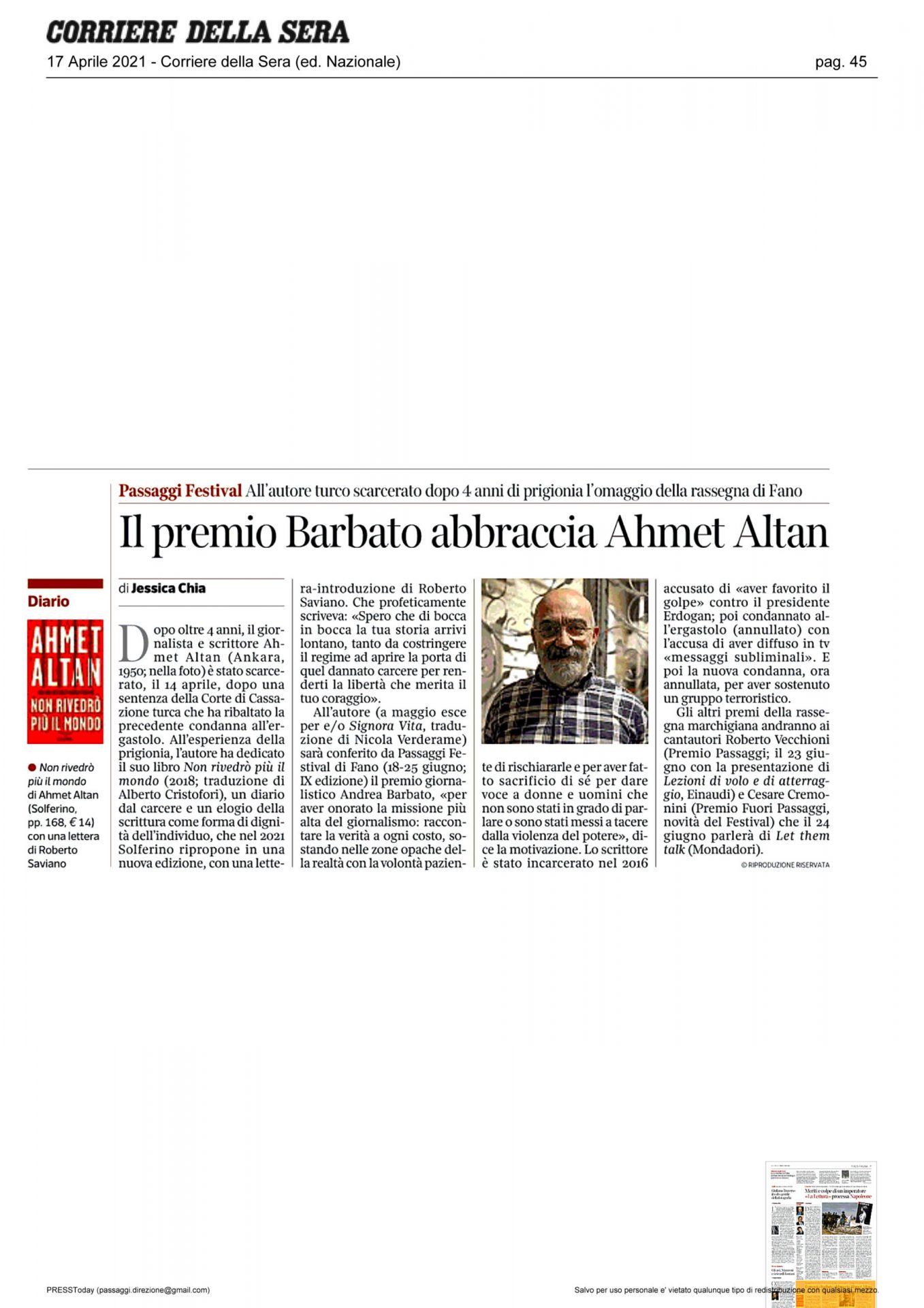 Corriere della Sera – Il premio Barbato abbraccia Ahmet Altan