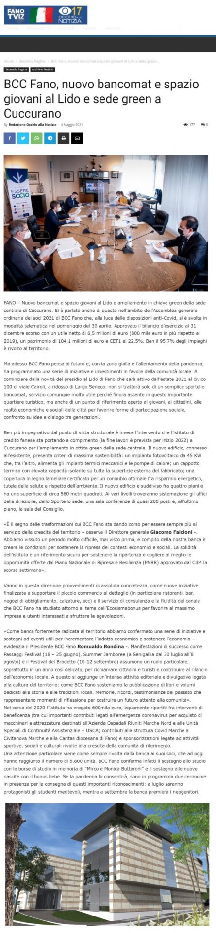 Occhio alla Notizia – BCC Fano, nuovo bancomat e spazio giovani al Lido e sede green a Cuccurano