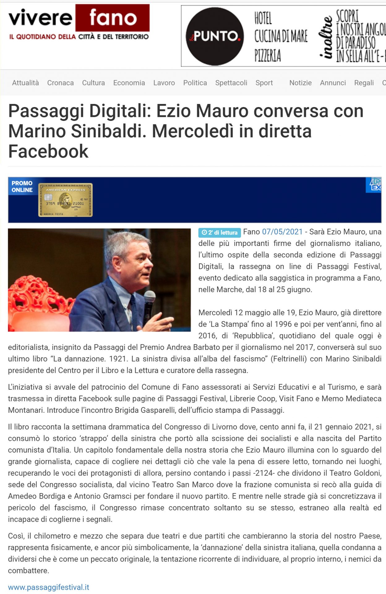 Vivere Fano – Passaggi Digitali: Ezio Mauro conversa con Marino Sinibaldi. Mercoledì in diretta facebook