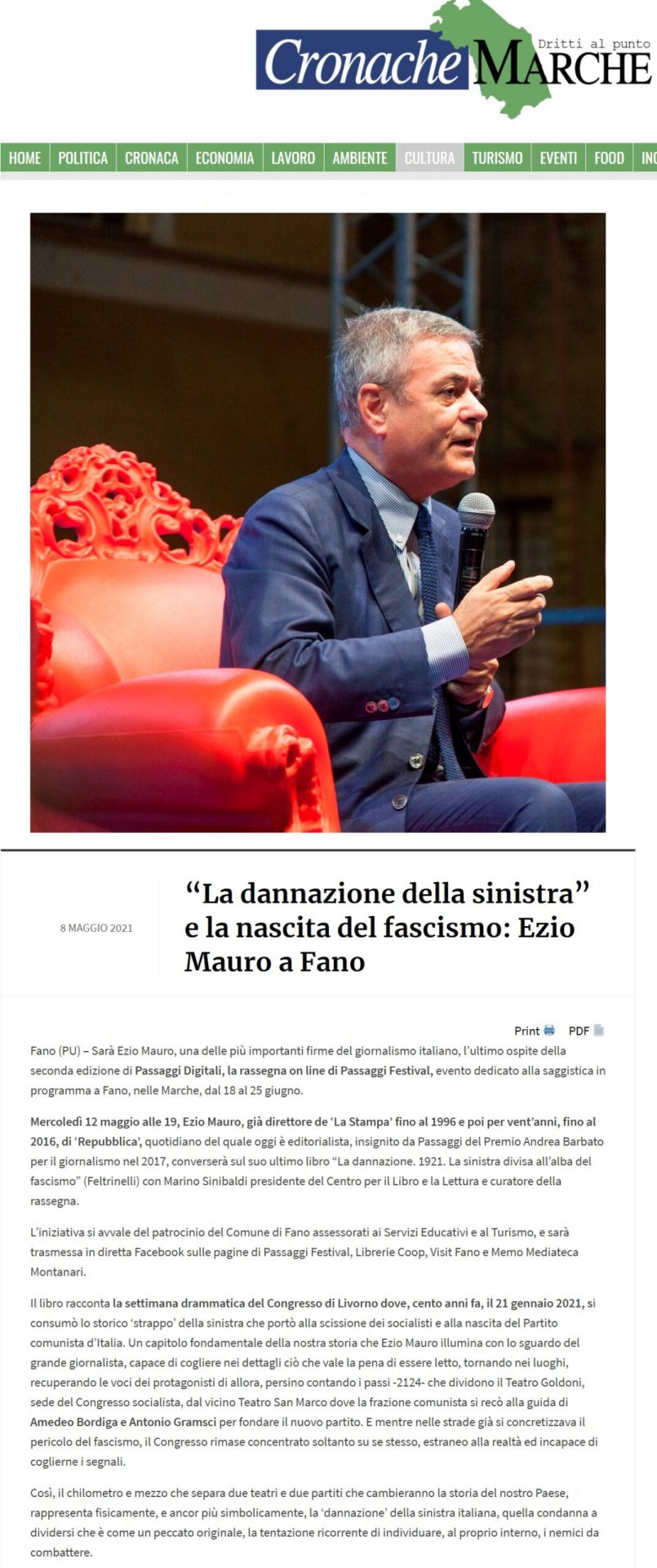 Cronache Marche – “La dannazione della sinistra” e la nascita del fascismo: Ezio Mauro a Fano