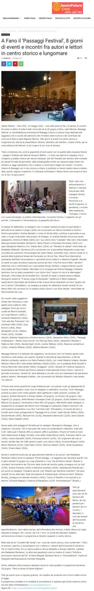 Sesto Potere.com – A Fano il ‘Passaggi Festival’, 8 giorni di eventi e incontri fra autori e lettori in centro storico e lungomare