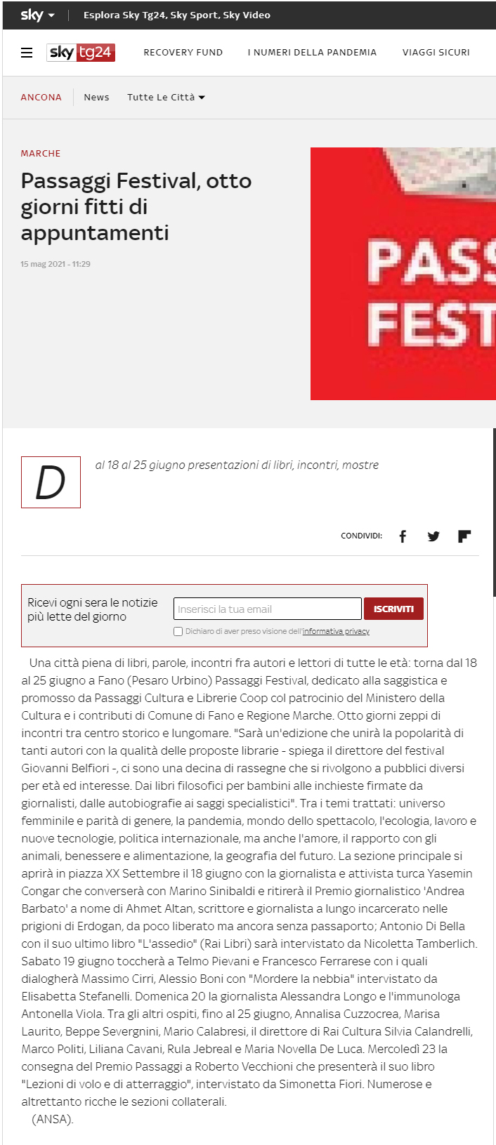 Sky Tg 24 – Passaggi Festival, otto giorni fitti di appuntamenti