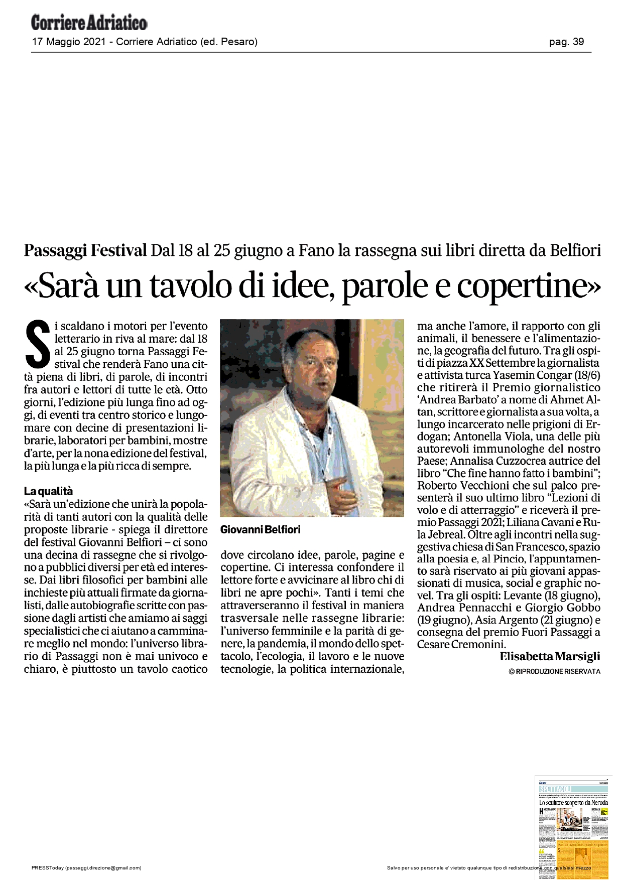 Corriere Adriatico – Passaggi Festival dal 18 al 25 giugno a Fano la rassegna sui libri diretta da Belfiori: «Sarà un tavolo di idee, parole e copertine»