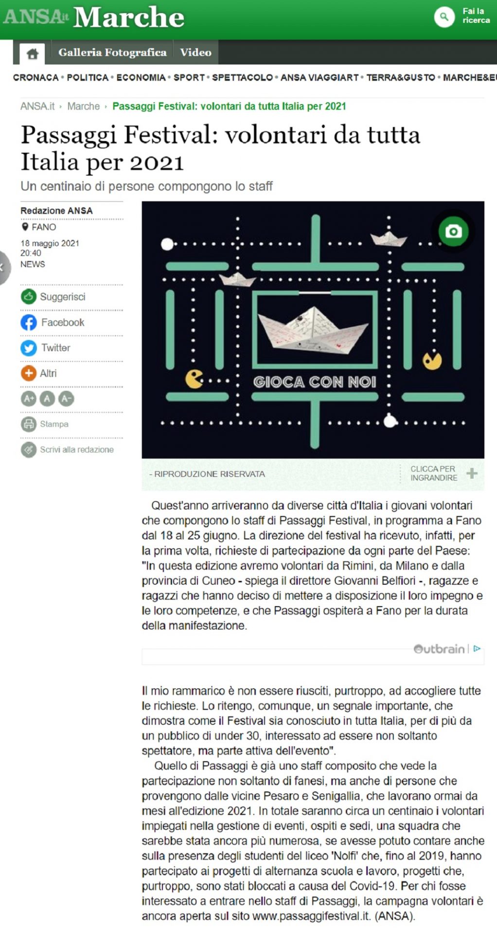 ANSA.it – Passaggi Festival: volontari da tutta Italia per 2021