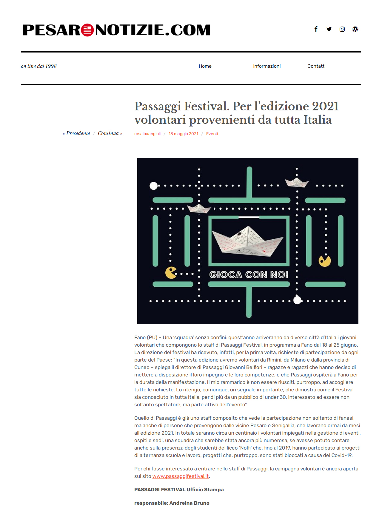 Pesaro Notizie.com – Passaggi Festival. Per l’edizione 2021 volontari provenienti da tutta Italia