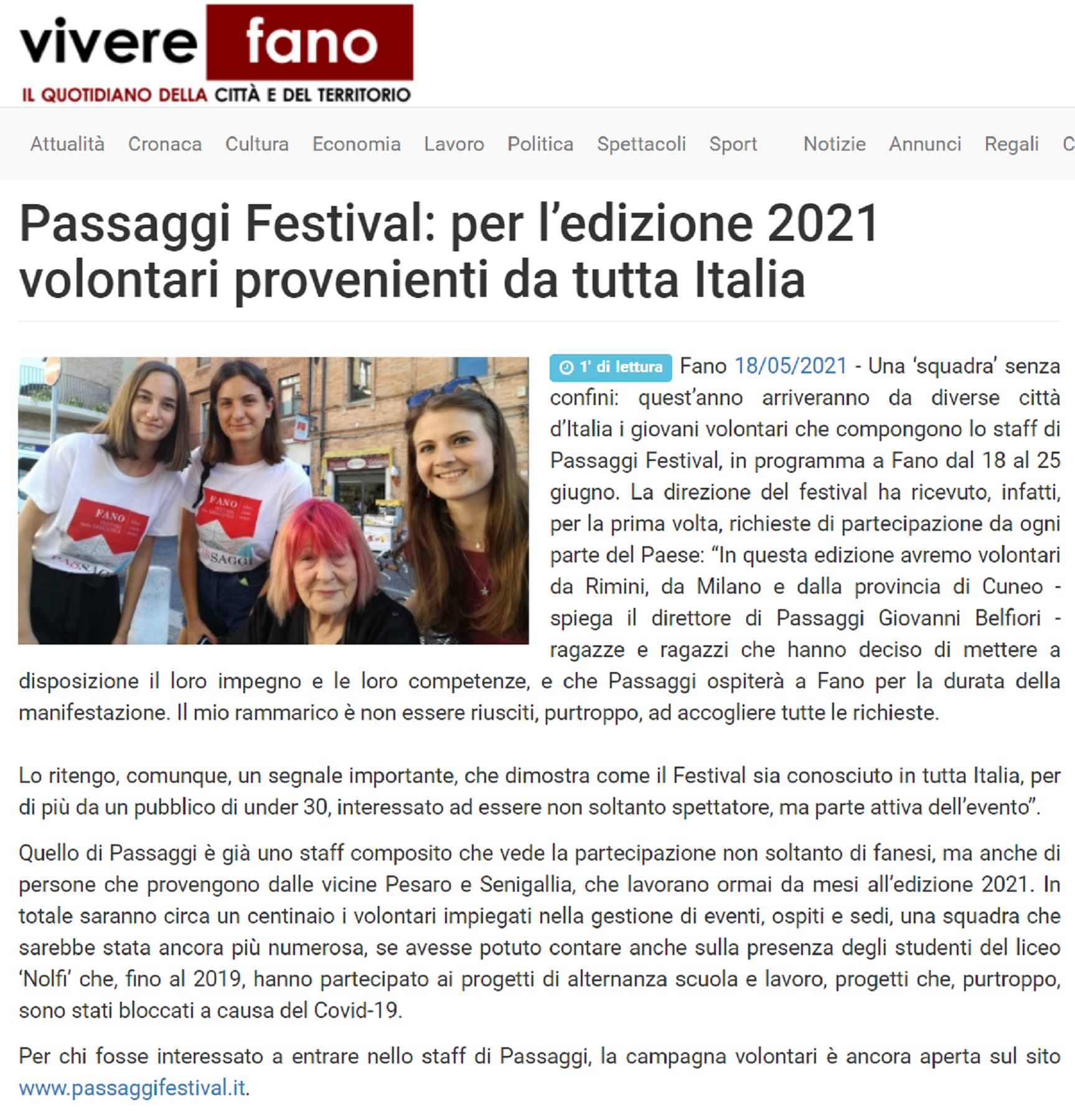 Vivere Fano – Passaggi Festival: per l’edizione 2021 volontari provenienti da tutta Italia