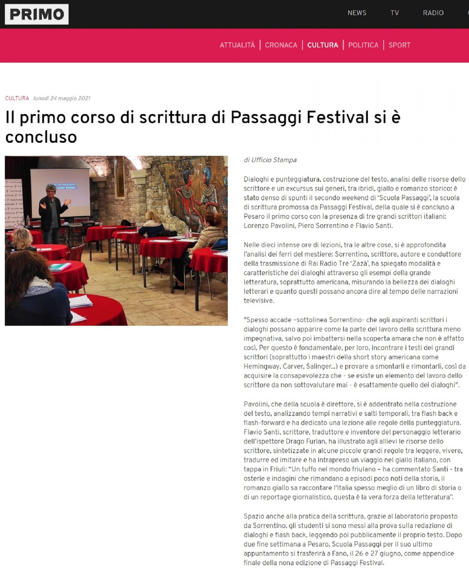 Primo Comunicazione.it – Il primo corso di scrittura di Passaggi Festival si è concluso