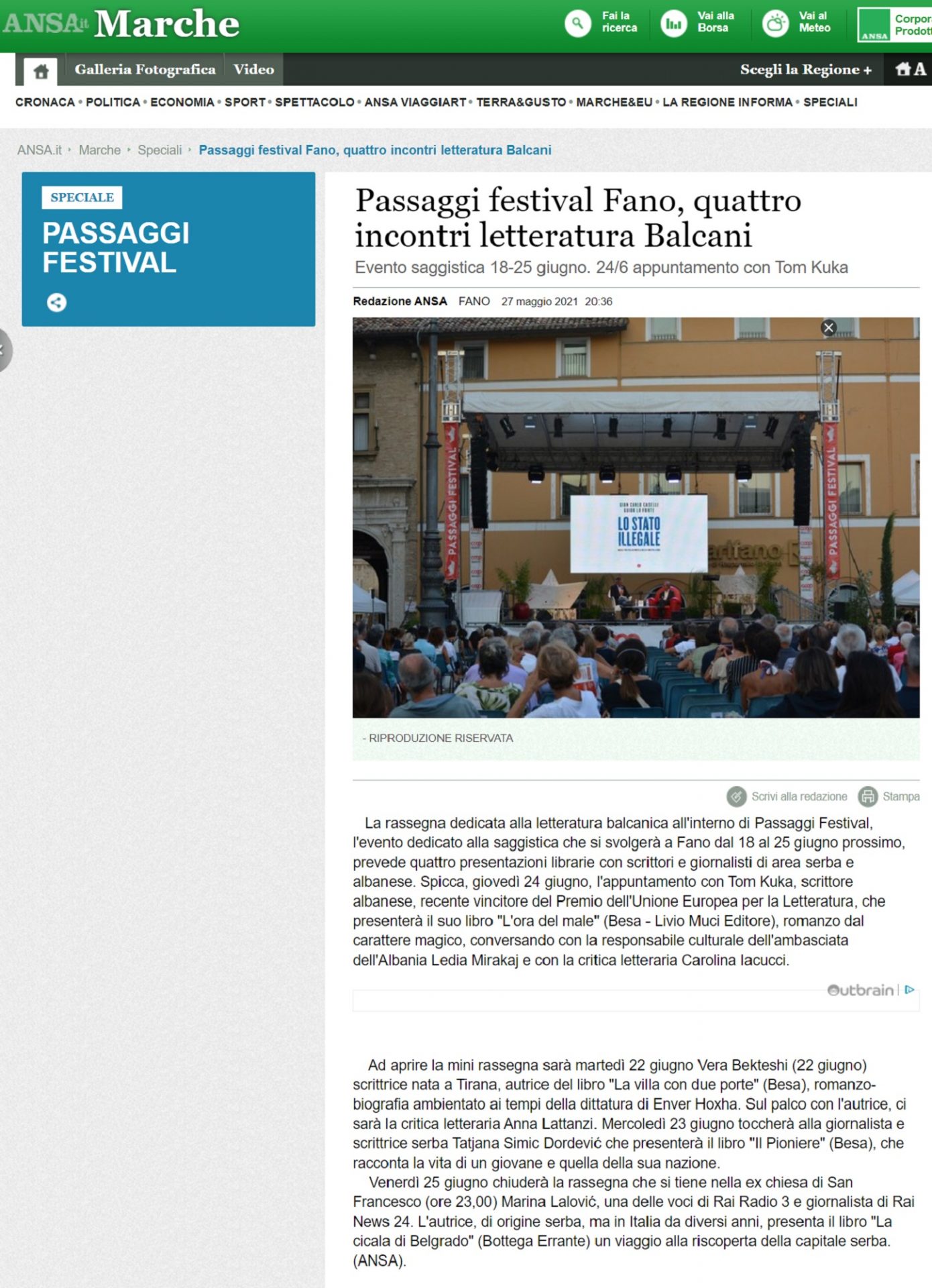 ANSA.it – Passaggi Festival Fano, quattro incontri letteratura Balcani