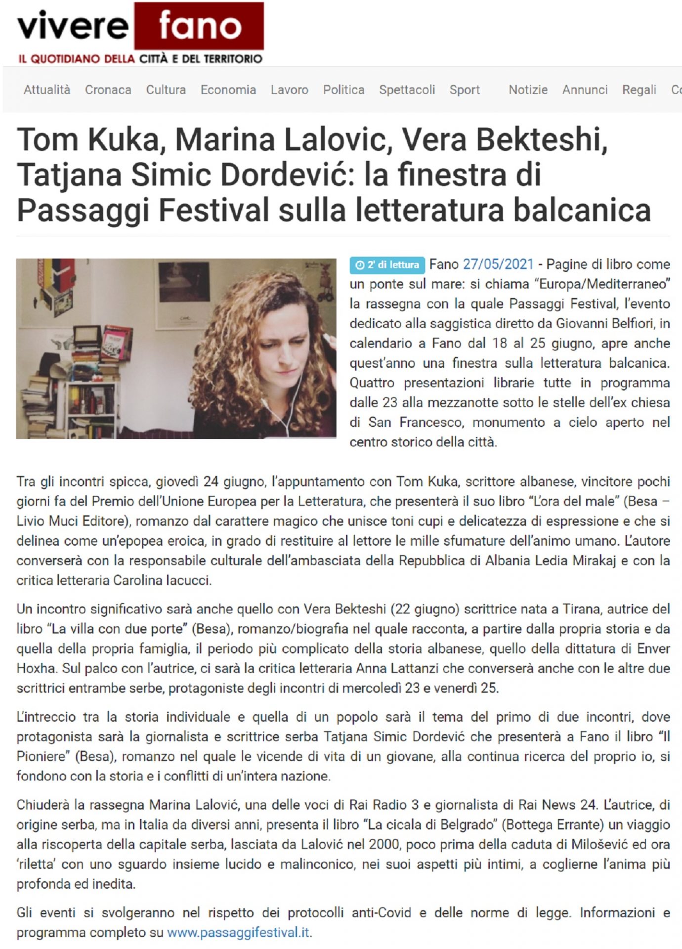 Vivere Fano – Tom Kuka, Marina Lalovic, Vera Bekteshi, Tatjana Simic Dordević: la finestra di Passaggi Festival sulla letteratura balcanica