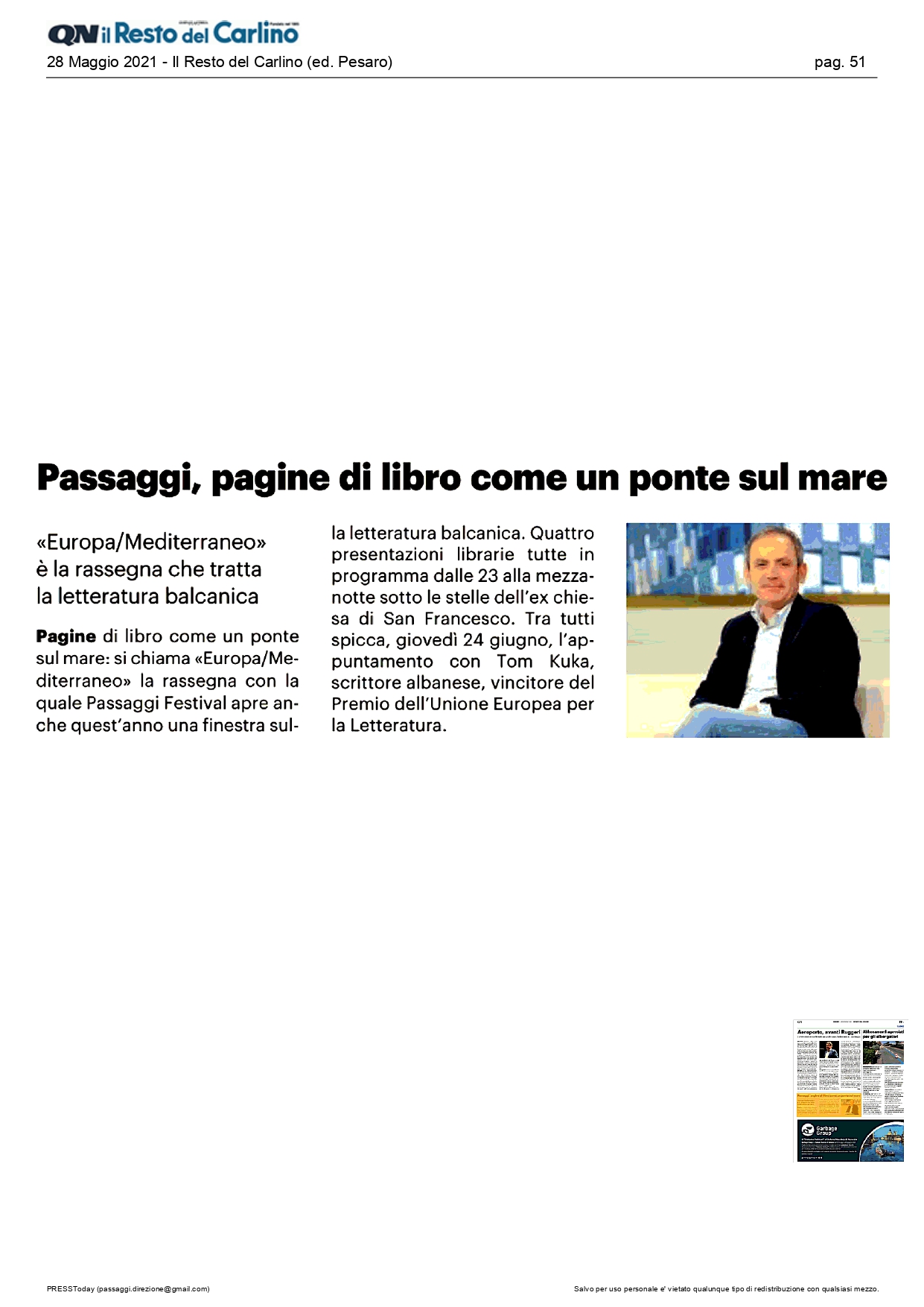 Il Resto del Carlino – Passaggi, pagine di libro come un ponte sul mare