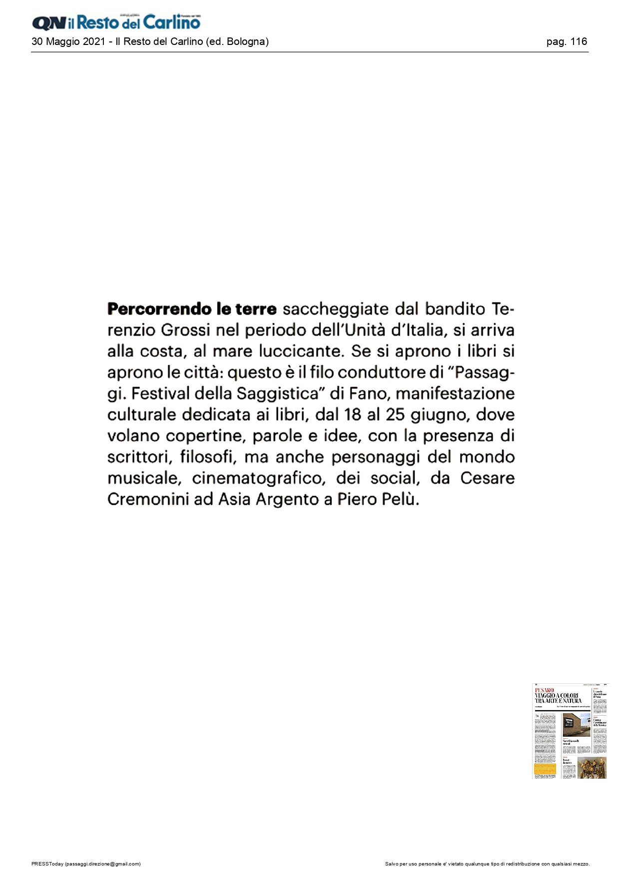 Il Resto del Carlino – Pesaro, viaggio a colori tra arte e natura