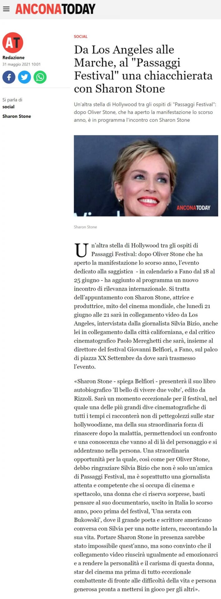 Ancona Today – Da Los Angeles alle Marche, al “Passaggi Festival” una chiacchierata con Sharon Stone