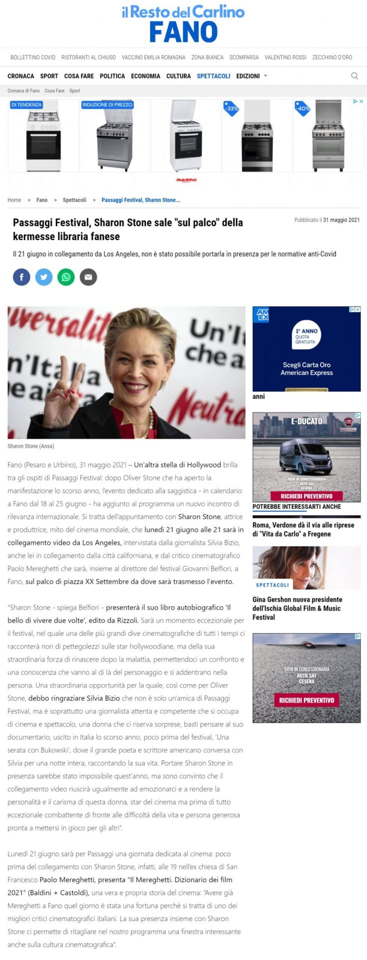 Il Resto del Carlino – Passaggi Festival, Sharon Stone sale “sul palco” della kermesse libraria fanese