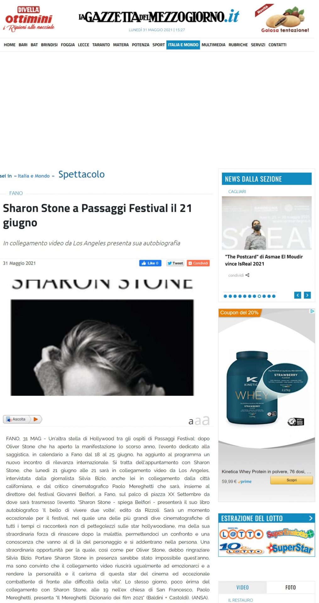 La Gazzetta del Mezzogiorno.it – Sharon Stone a Passaggi Festival il 21 giugno