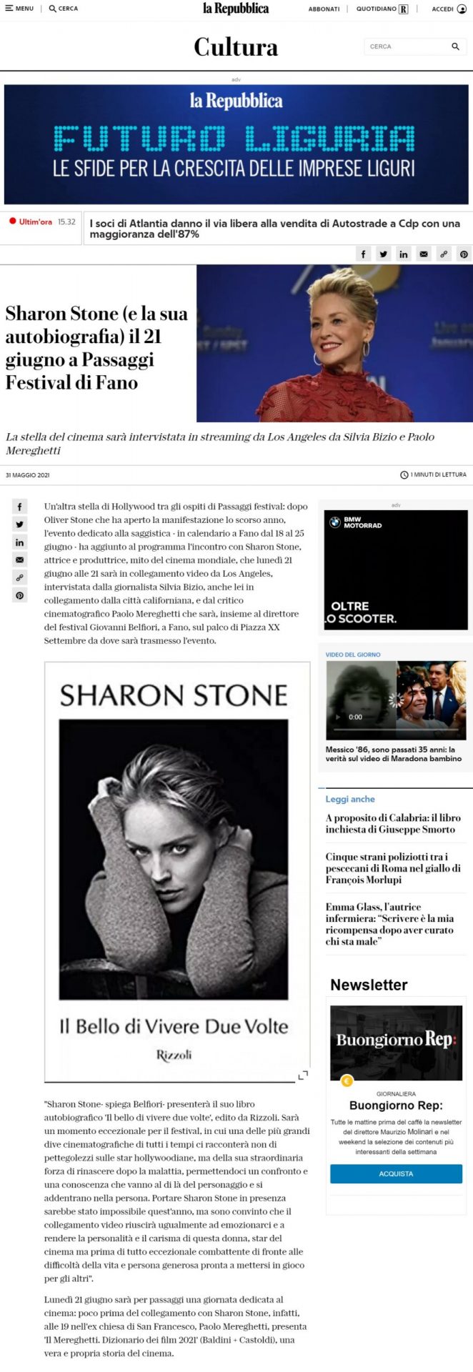 La Repubblica – Sharon Stone (e la sua autobiografia) il 21 giugno a Passaggi Festival di Fano