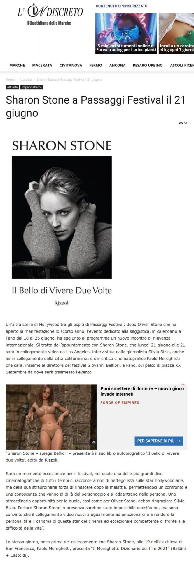 L’Indiscreto – Sharon Stone a Passaggi Festival il 21 giugno