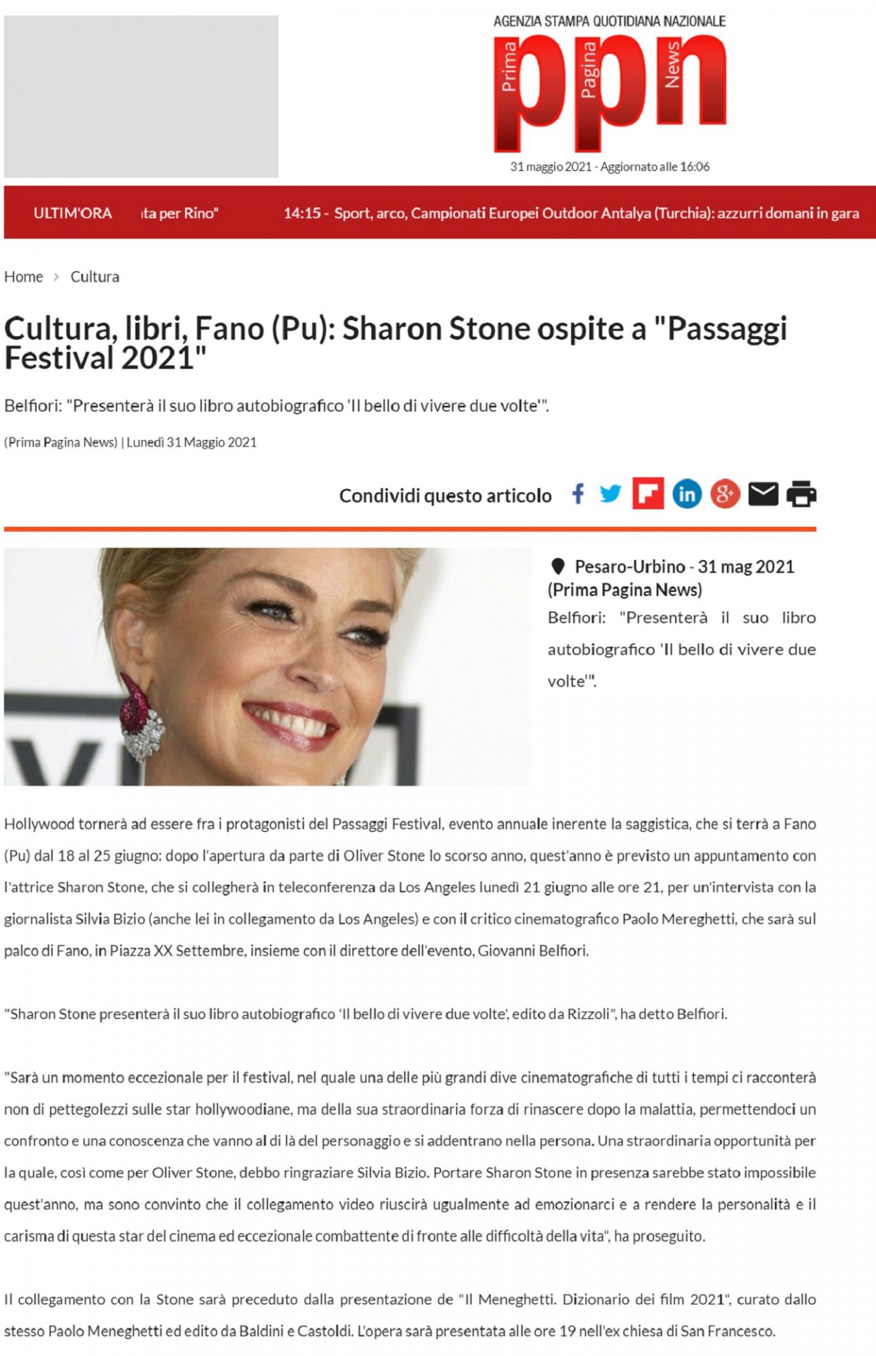 Prima Pagina News – Cultura, libri, Fano (PU): Sharon Stone ospite a “Passaggi Festival 2021”