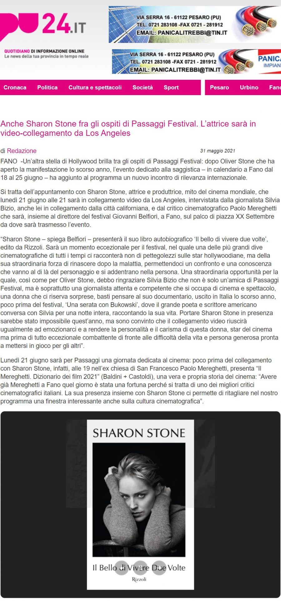 Pu24.it – Anche Sharon Stone fra gli ospiti di Passaggi Festival. L’attrice sarà in video-collegamento da Los Angeles