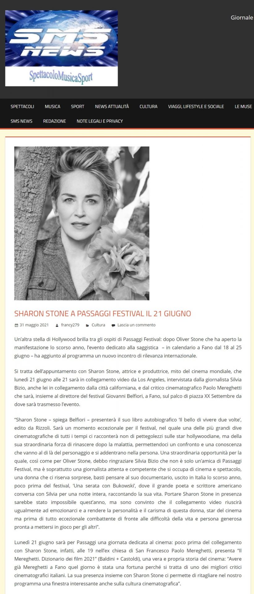 Spettacolo Musica Sport – Sharon Stone a Passaggi Festival il 21 giugno