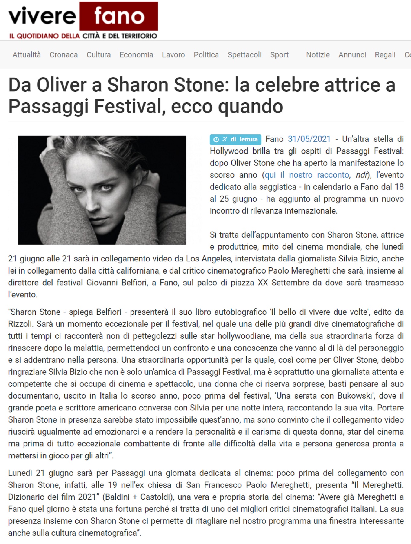 Vivere Fano – Da Oliver a Sharon Stone: la celebre attrice a Passaggi Festival, ecco quando