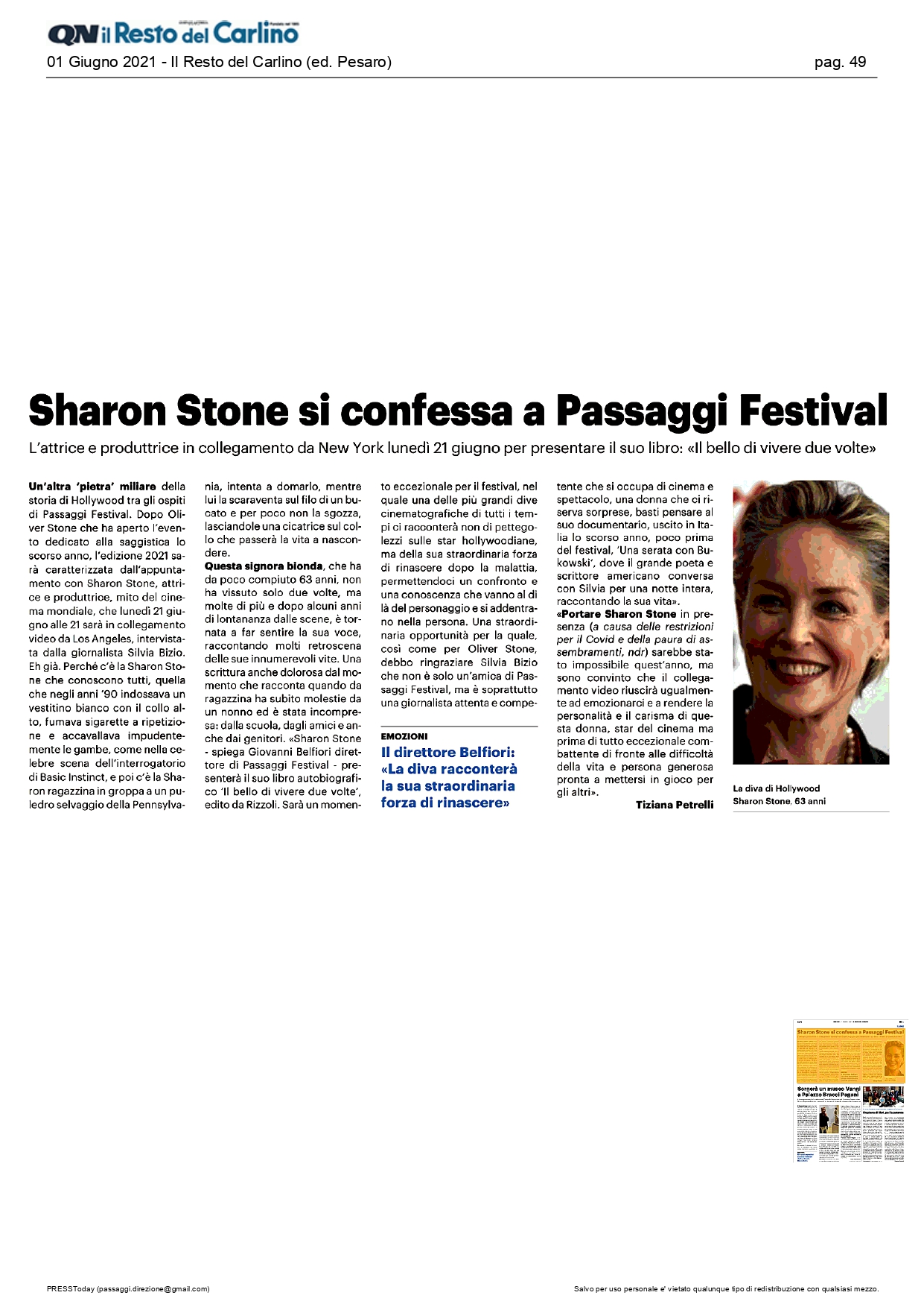 Il Resto del Carlino – Sharon Stone si confessa a Passaggi Festival