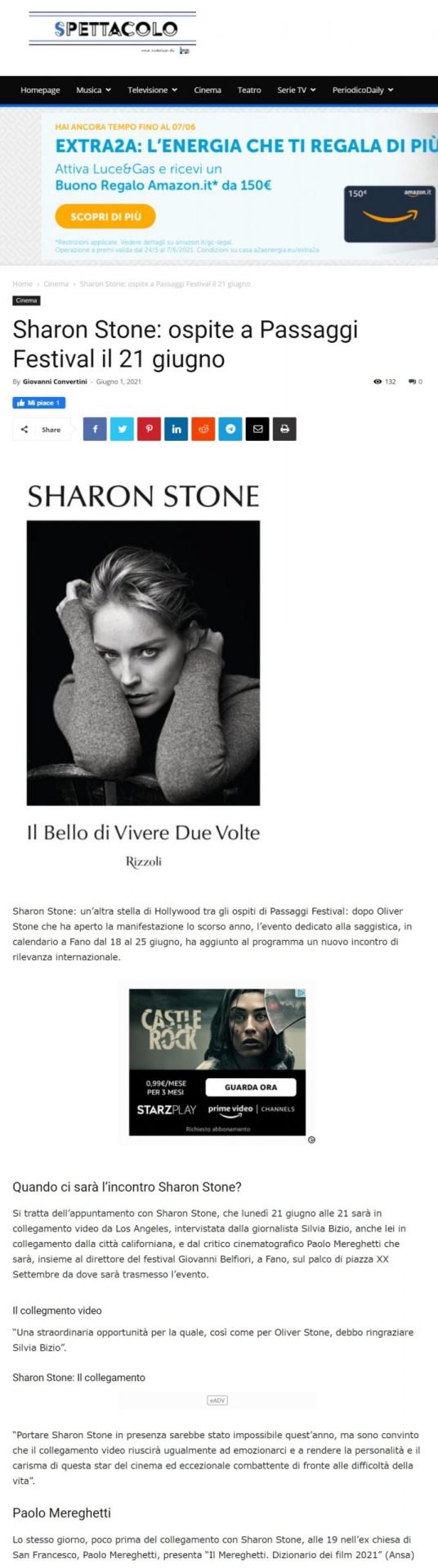 Spettacolo Periodico Daily – Sharon Stone ospite a Passaggi Festival il 21 giugno