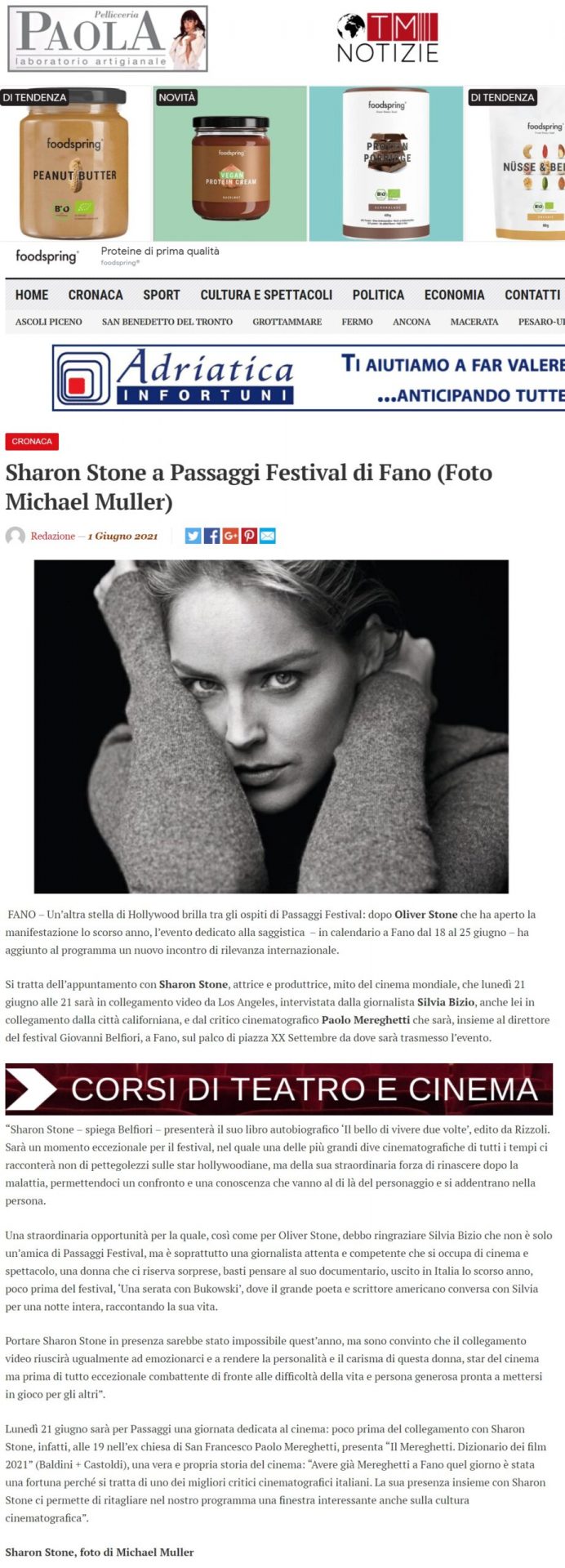 TM Notizie – Sharon Stone a Passaggi Festival di Fano