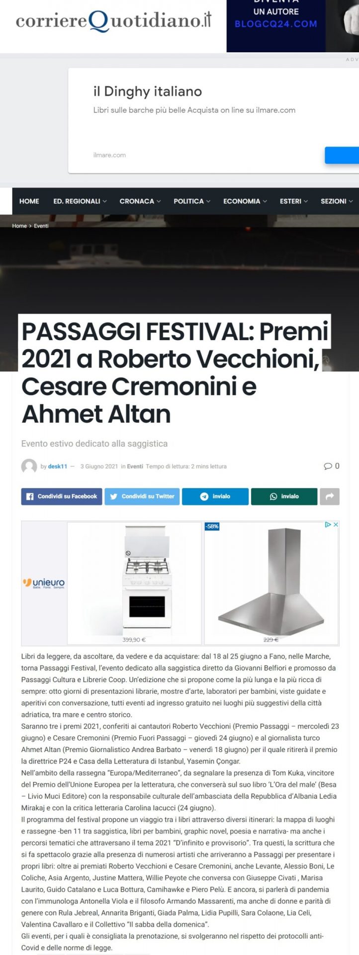 Corriere Quotidiano – Passaggi Festival: premi 2021 a Roberto Vecchioni, Cesare Cremonini e Ahmet Altan