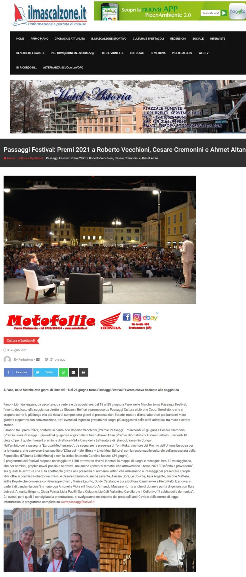 Il Mascalzone.it – Passaggi Festival: Premi 2021 a Roberto Vecchioni, Cesare Cremonini e Ahmet Altan