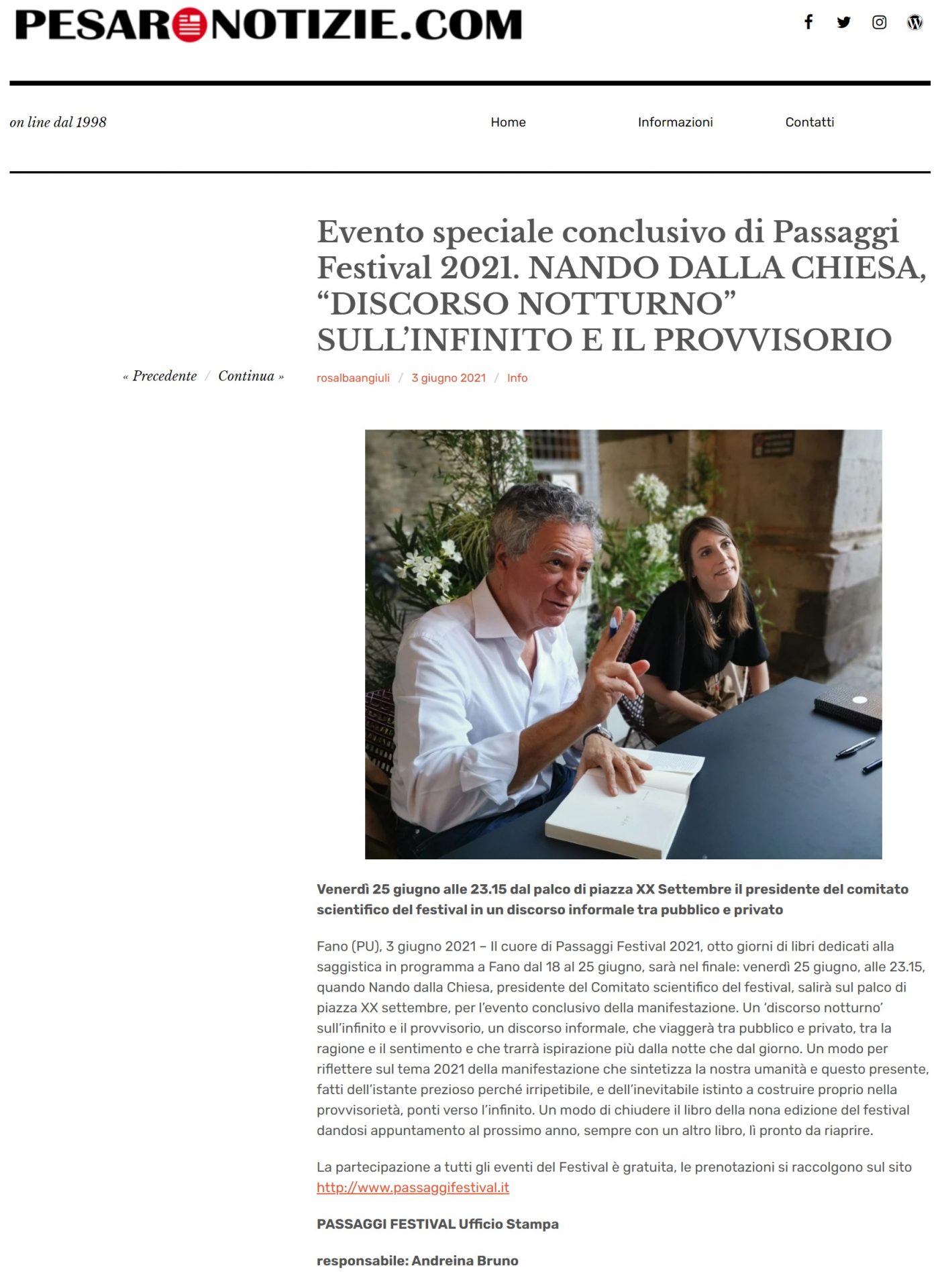 Pesaro Notizie.com – Evento speciale conclusivo di Passaggi Festival 2021. Nando dalla Chiesa, “Discorso notturno” sull’infinito e il provvisorio