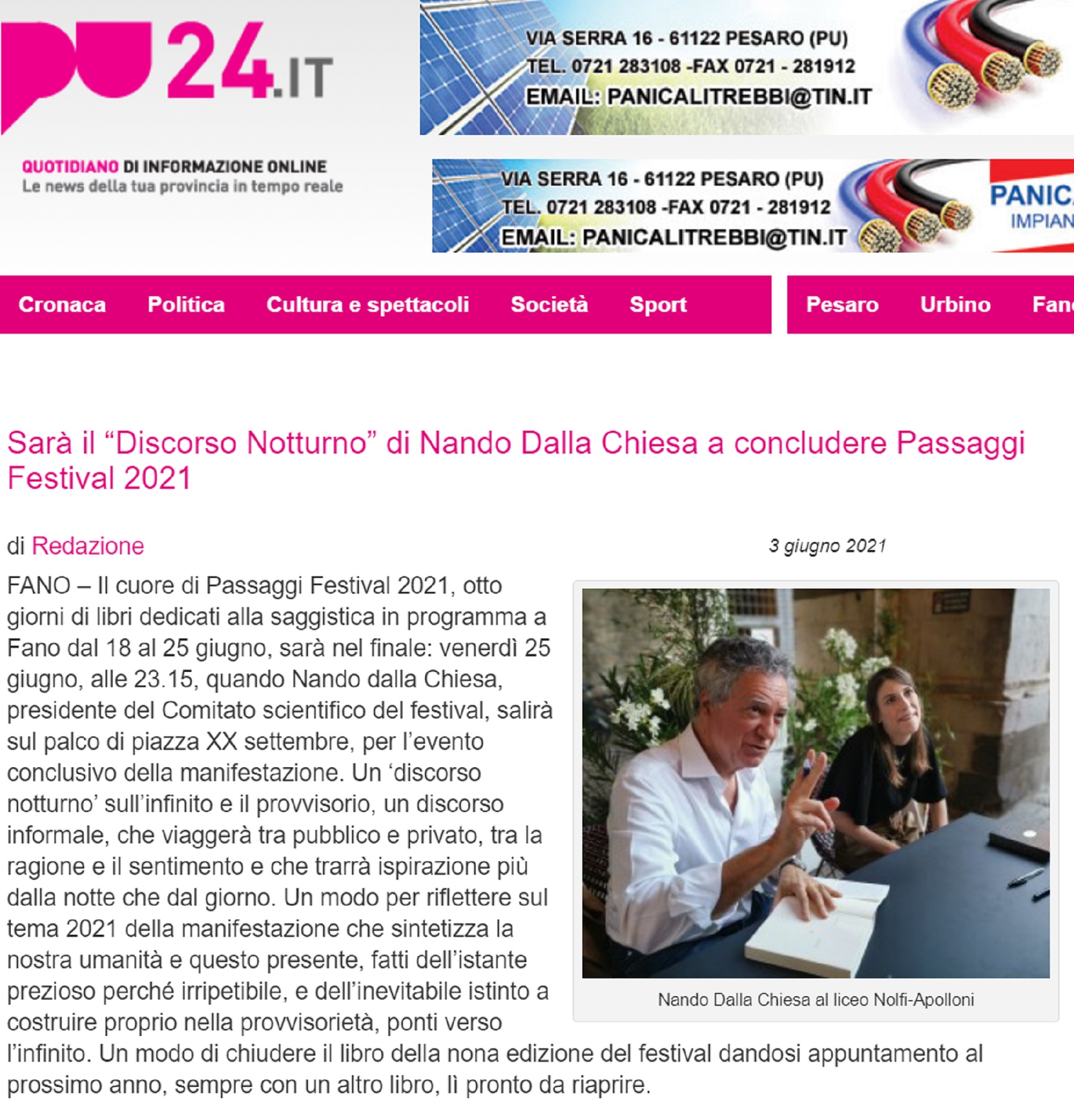 Pu24.it – Sarà il “Discorso notturno” di Nando dalla Chiesa a concludere Passaggi Festival 2021