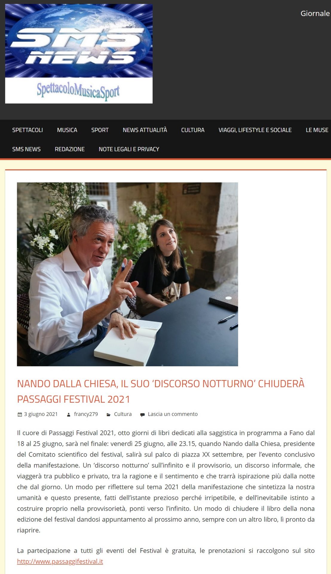 Spettacolo Musica Sport – Nando dalla Chiesa, il suo ‘Discorso notturno’ chiuderà Passaggi Festival 2021