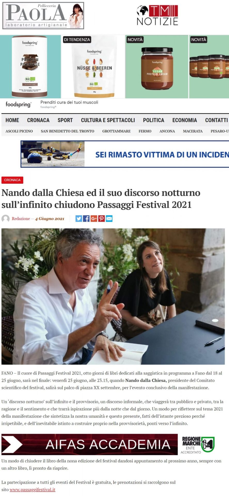 TM Notizie – Nando dalla Chiesa ed il suo Discorso notturno sull’infinito chiudono Passaggi Festival 2021