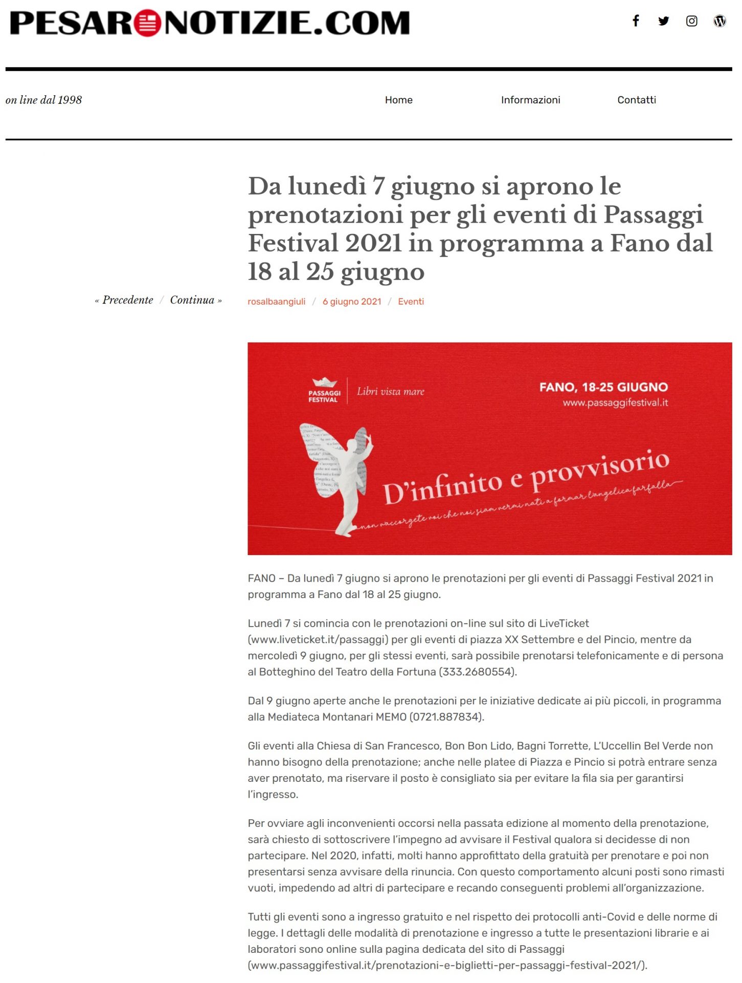 Pesaro Notizie.com – Da lunedì 7 giugno si aprono le prenotazioni per gli eventi di Passaggi Festival 2021 in programma a Fano dal 18 al 25 giugno