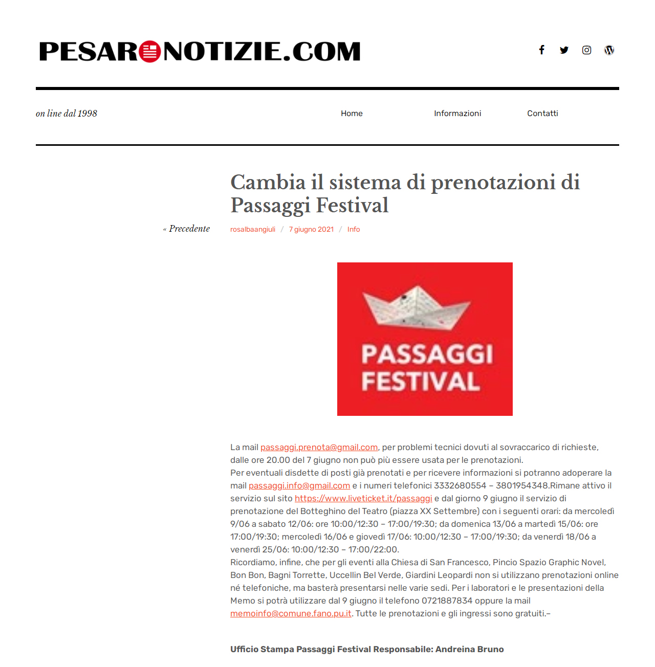 Pesaro Notizie – Cambia il sistema di prenotazioni di Passaggi Festival